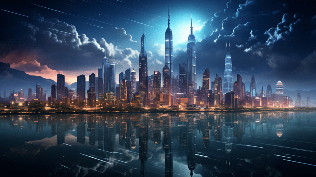 Une ville de nuit, image générée par une IA