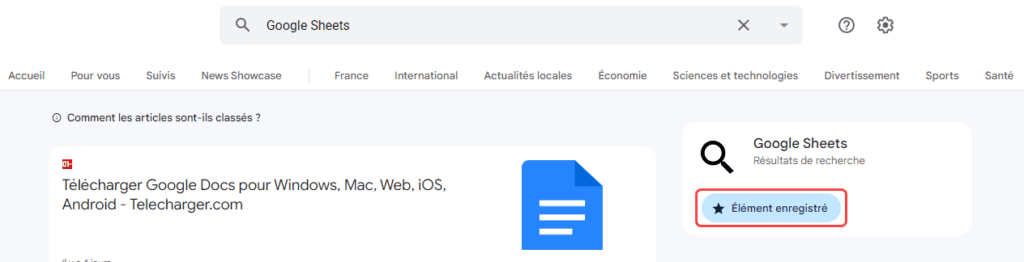 Google Actualité élément enregistré
